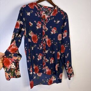 Kut From the Kloth Liliana Floral Sheer Woman's Blouse Size S Navy & Red Cottage